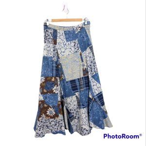 Vintage  Blue Patchwork Floral Fall Cotton Midi/Maxi A-line Skirt sz Medium